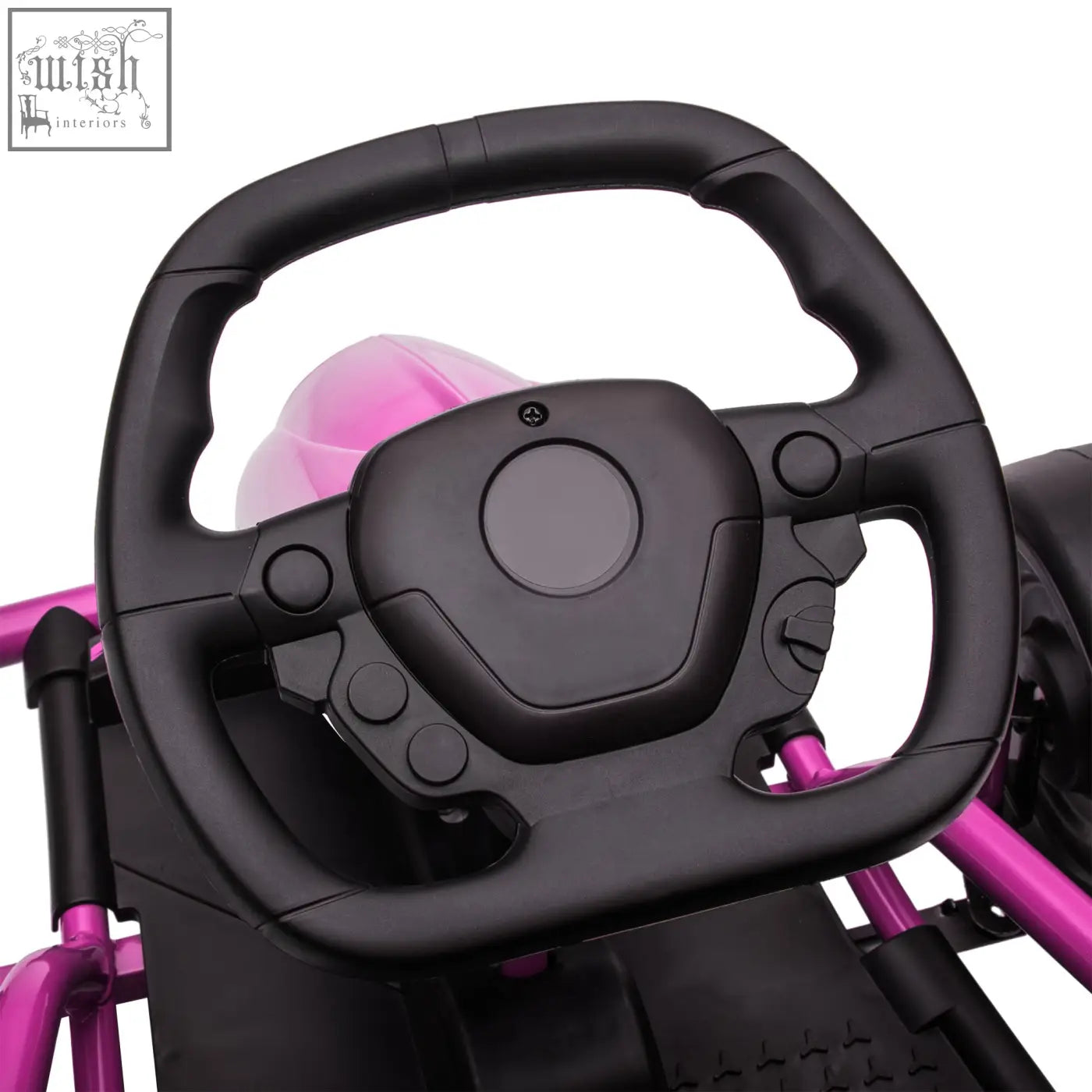 Black plastic steering wheel with pink metallic frame and control buttons on homcom 24v electric drift go kart with music control