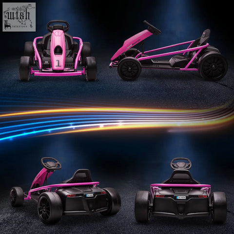 Pink and black homcom 24v electric go kart for kids with electric drift and music control, perfect for ages 8 to 12