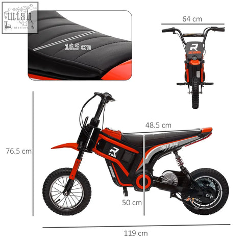 Orange and black homcom 24v electric dirt bike with textured seat silver accents and two adjustable speeds for kids