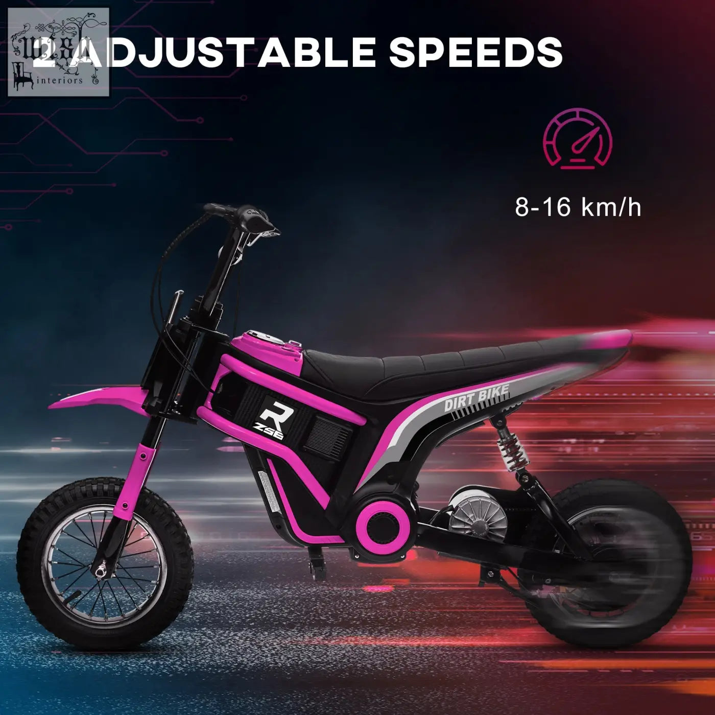 Pink and black homcom 24v electric dirt bike with two adjustable speeds neon pink accents and 12 inch tyres