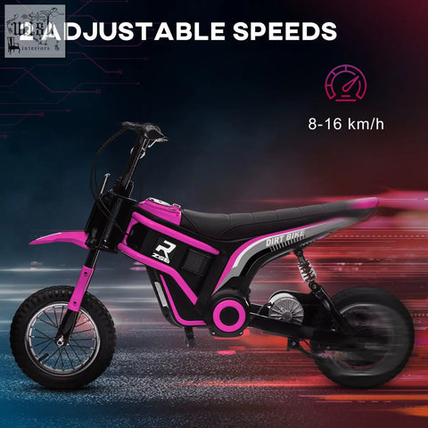 Pink and black homcom 24v electric dirt bike with two adjustable speeds neon pink accents and 12 inch tyres