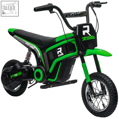 Green and black r zse electric dirt bike with two adjustable speeds 24v motorbike for kids with 12 inch tyres and horn