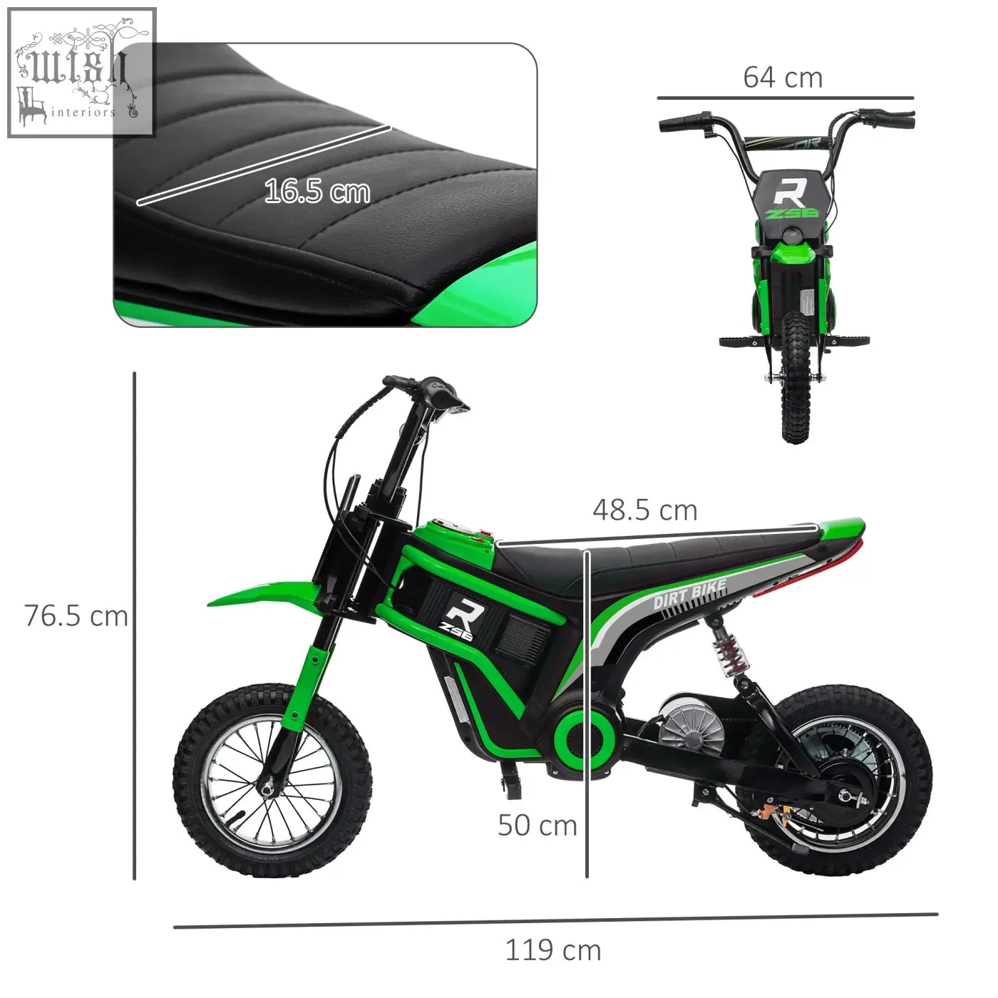 Homcom 24v green kids electric dirt bike with quilted seat silver accents and two adjustable speeds for fun rides