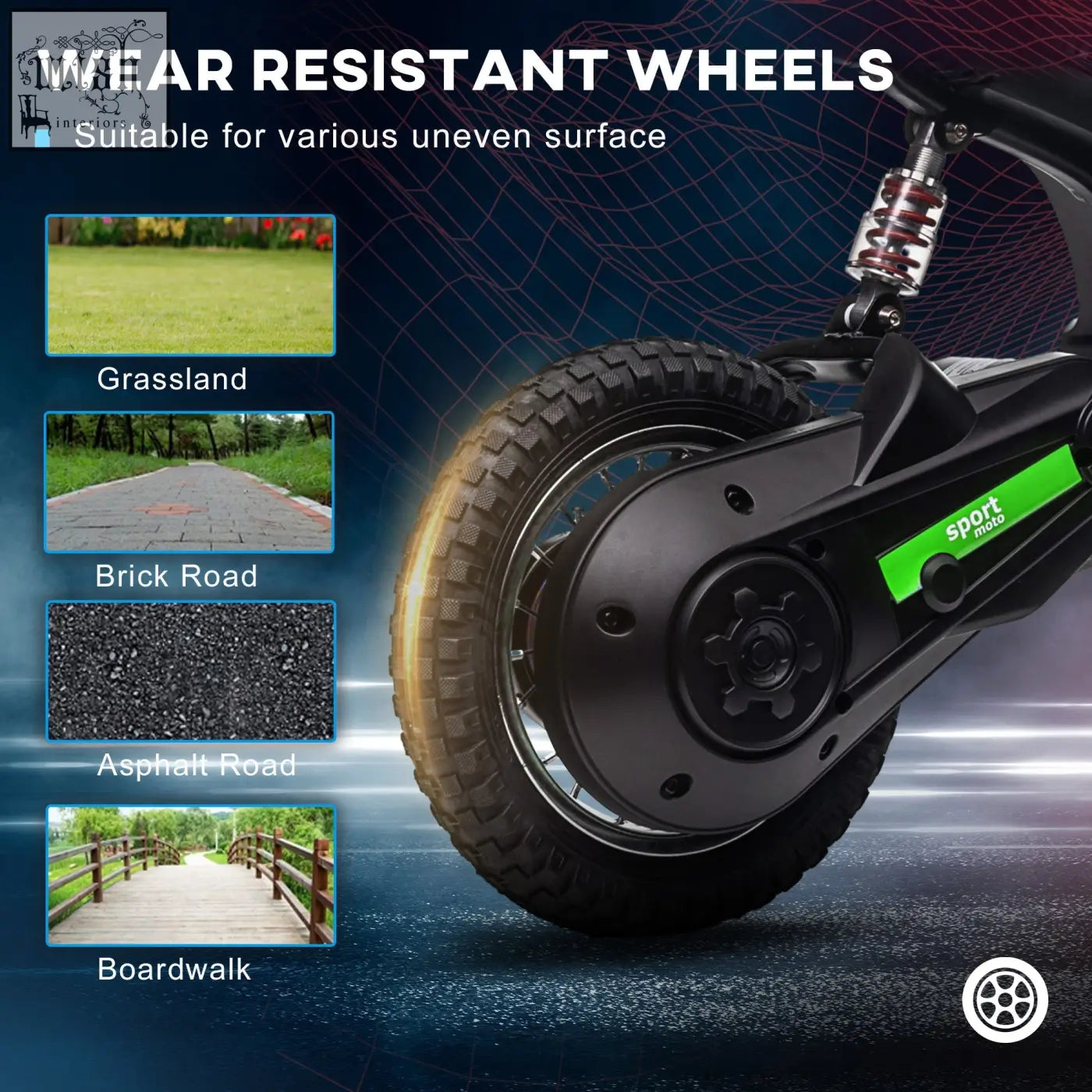 Black rugged 12 inch pneumatic tire with deep treads and sport 100 label on the back of homcom green motorbike with two adjustable speeds