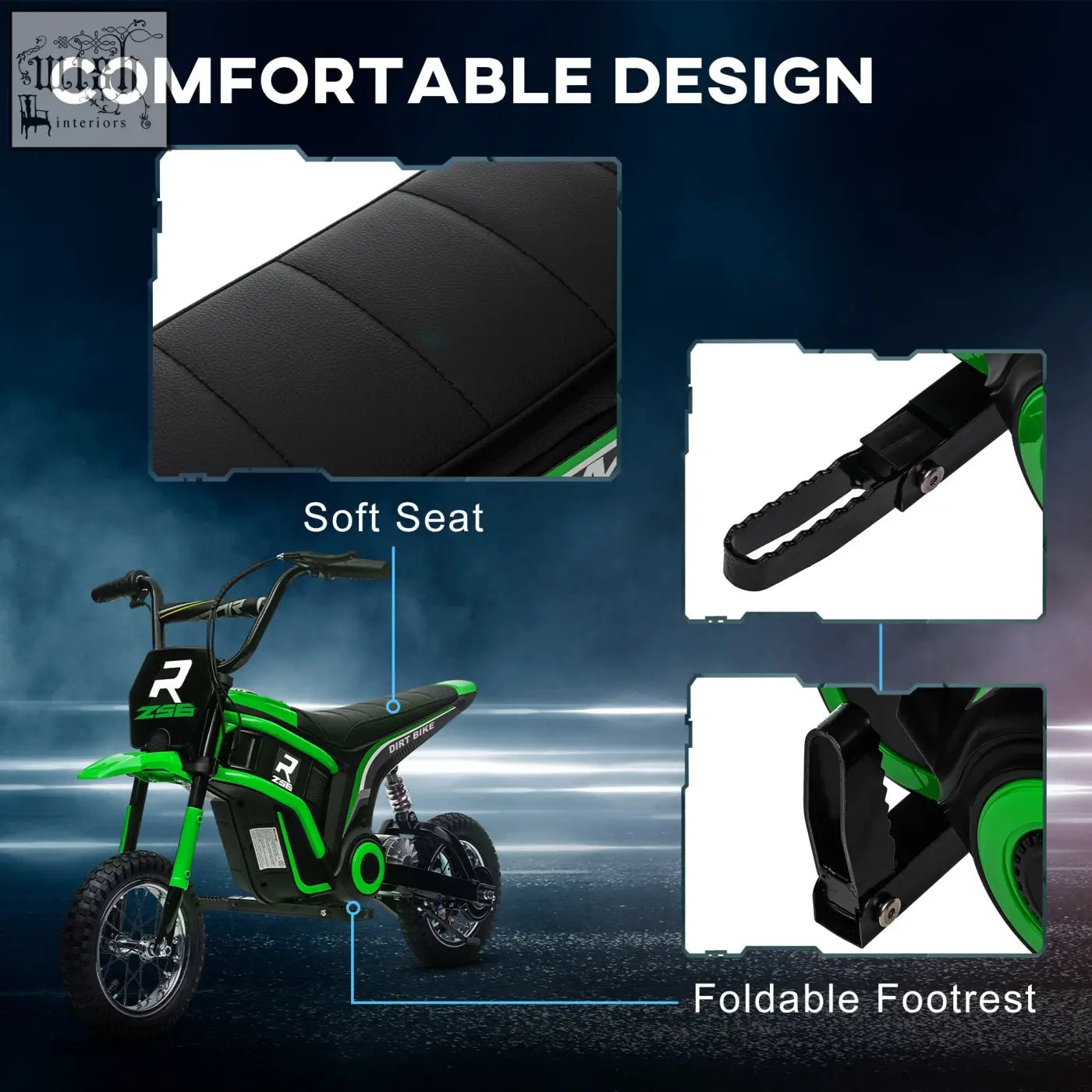 Green and black homcom 24v electric motorbike for kids with two adjustable speeds soft seat and foldable footrest