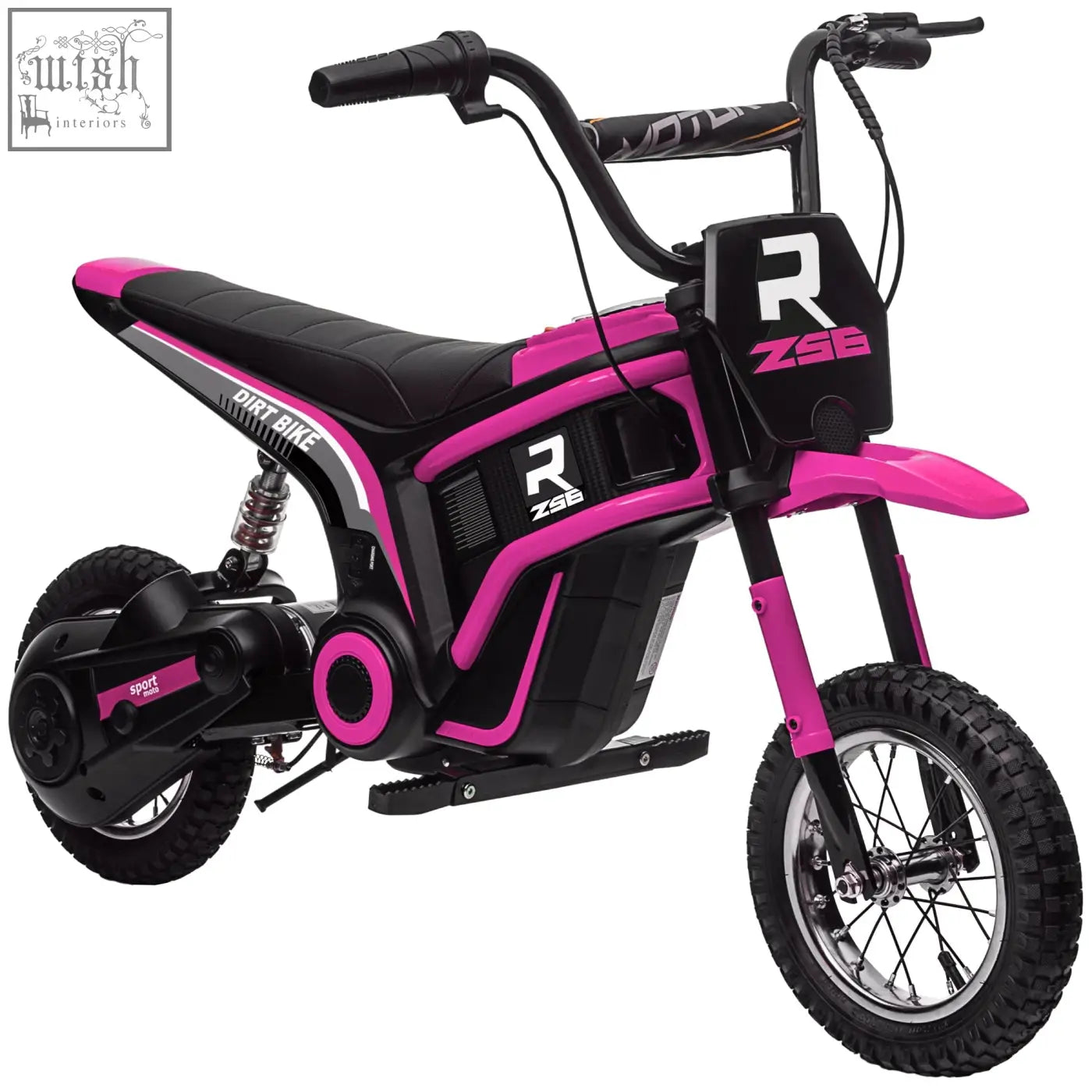 Pink and black HOMCOM 24V electric dirt bike with r zse branding two adjustable speeds and 12 inch pneumatic tyres