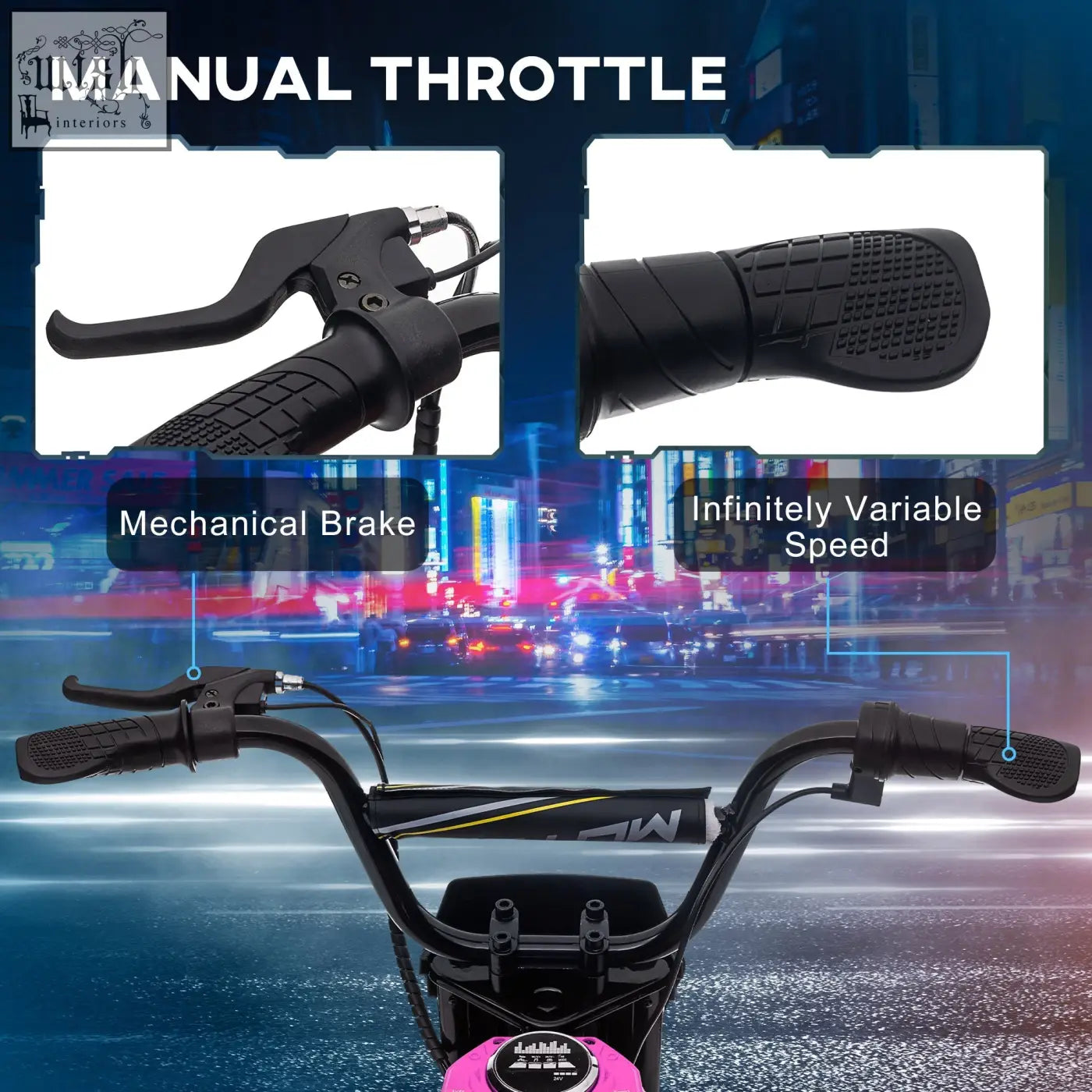 Black handlebars with textured grips and manual throttle control on pink homcom 24v electric motorbike with two adjustable speeds
