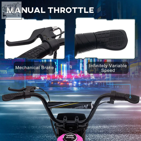 Black handlebars with textured grips and manual throttle control on pink homcom 24v electric motorbike with two adjustable speeds