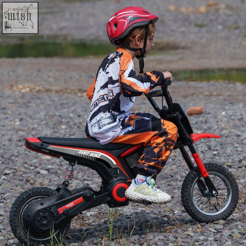 Red and black homcom 24v electric dirt bike with orange accents features two adjustable speeds and 12 inch pneumatic tyres