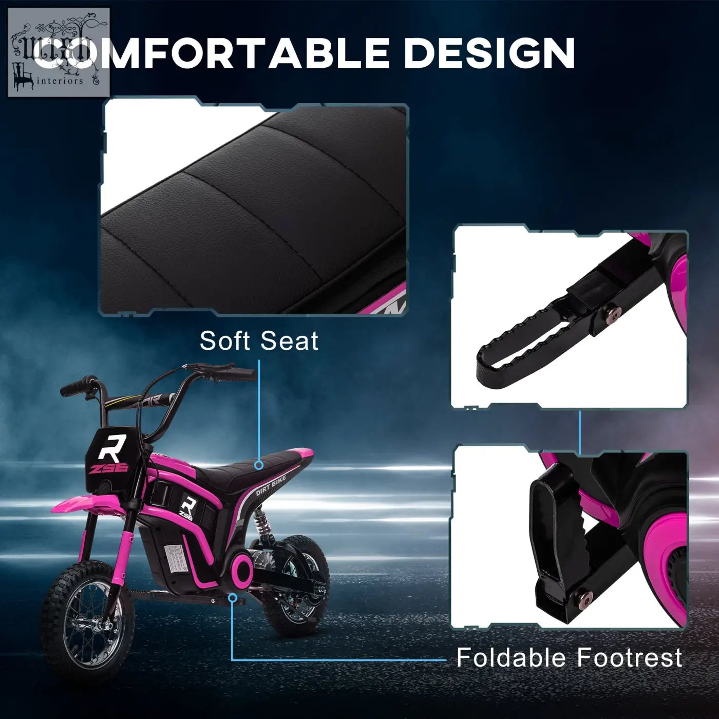 Pink and black HOMCOM 24V electric dirt bike with soft seat foldable footrest and two adjustable speeds for kids