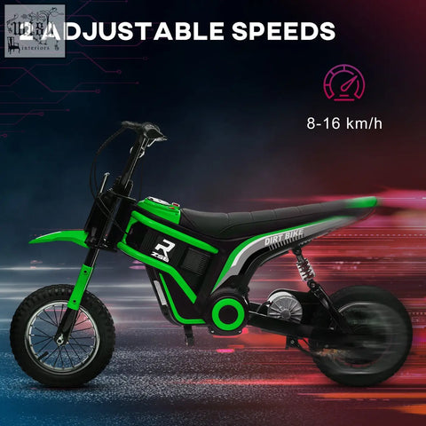 Green and black HOMCOM 24V electric dirt bike with two adjustable speeds and bold neon green accents on frame