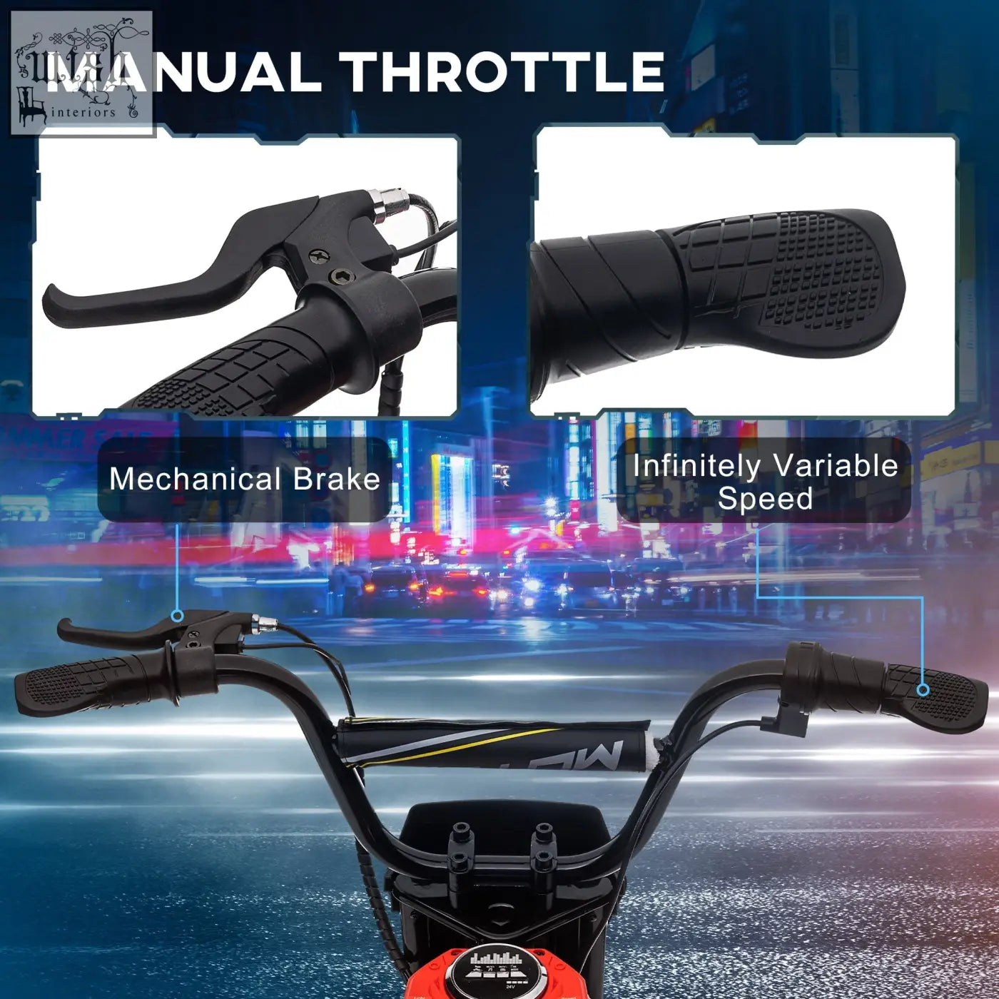 Black handlebars with textured grips and manual throttle control for red homcom 24v electric motorbike with two adjustable speeds