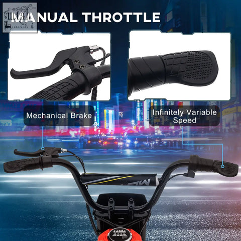 Black handlebars with textured grips and manual throttle control for red homcom 24v electric motorbike with two adjustable speeds