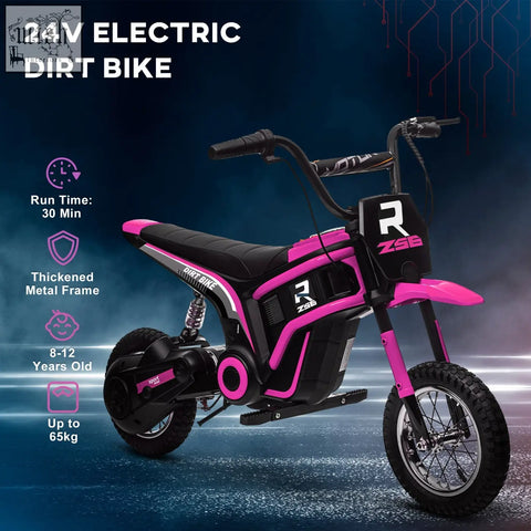 Pink and black homcom 24v electric dirt bike with thick metal frame zse logo and two adjustable speeds for kids