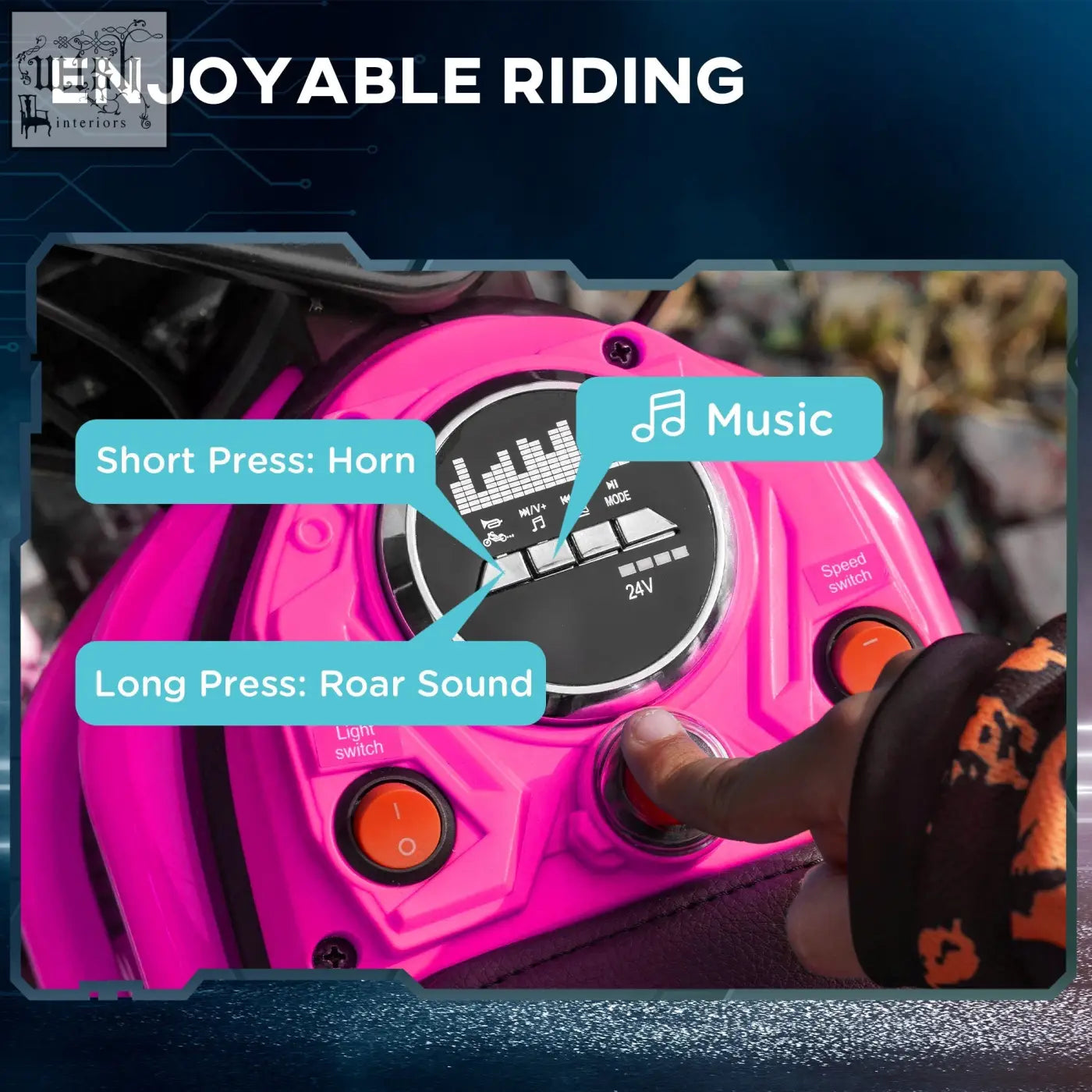 Vibrant pink homcom 24v electric motorbike control panel with orange music horn light buttons and two adjustable speeds