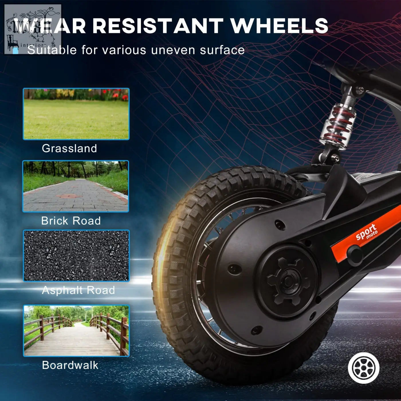Black electric scooter wheel with rugged tread visible motor housing and orange sport mode label on homcom red motorbike with two adjustable speeds