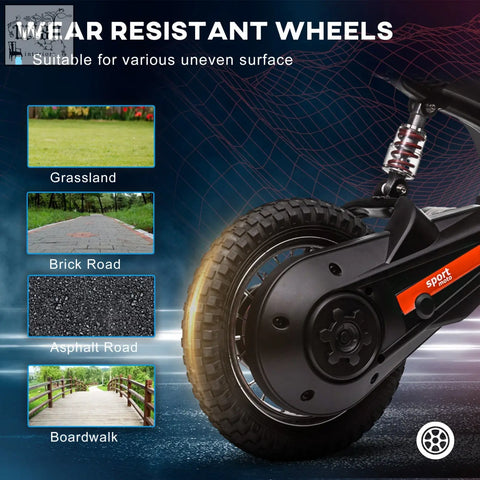 Black electric scooter wheel with rugged tread visible motor housing and orange sport mode label on homcom red motorbike with two adjustable speeds