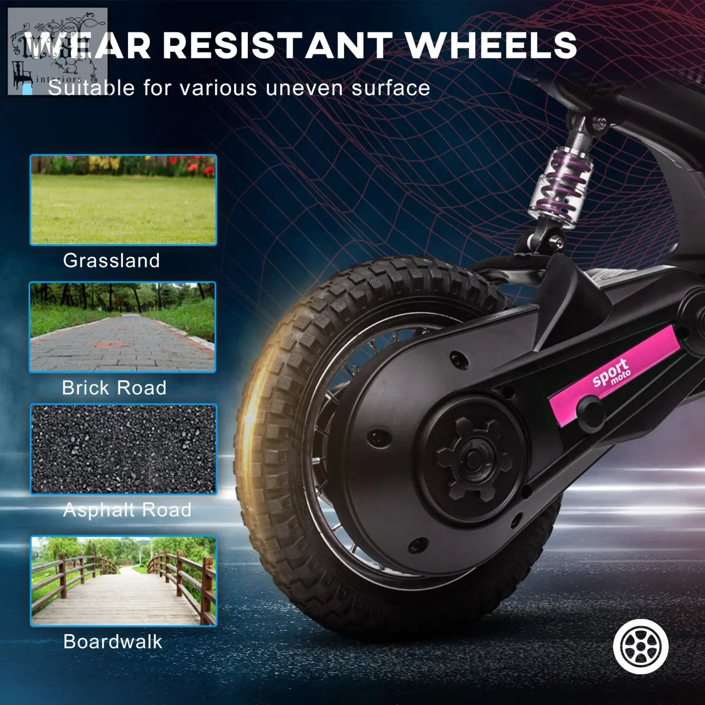 Black electric scooter wheel with rugged tread and pink sport moto label on back side of homcom 24v electric motorbike with two adjustable speeds