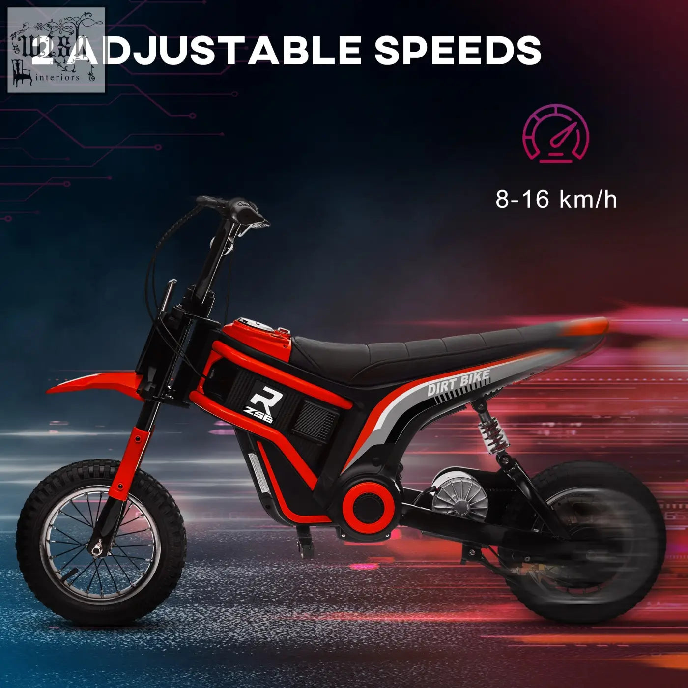 Red and black homcom 24v electric dirt bike with silver accents two adjustable speeds music and horn features