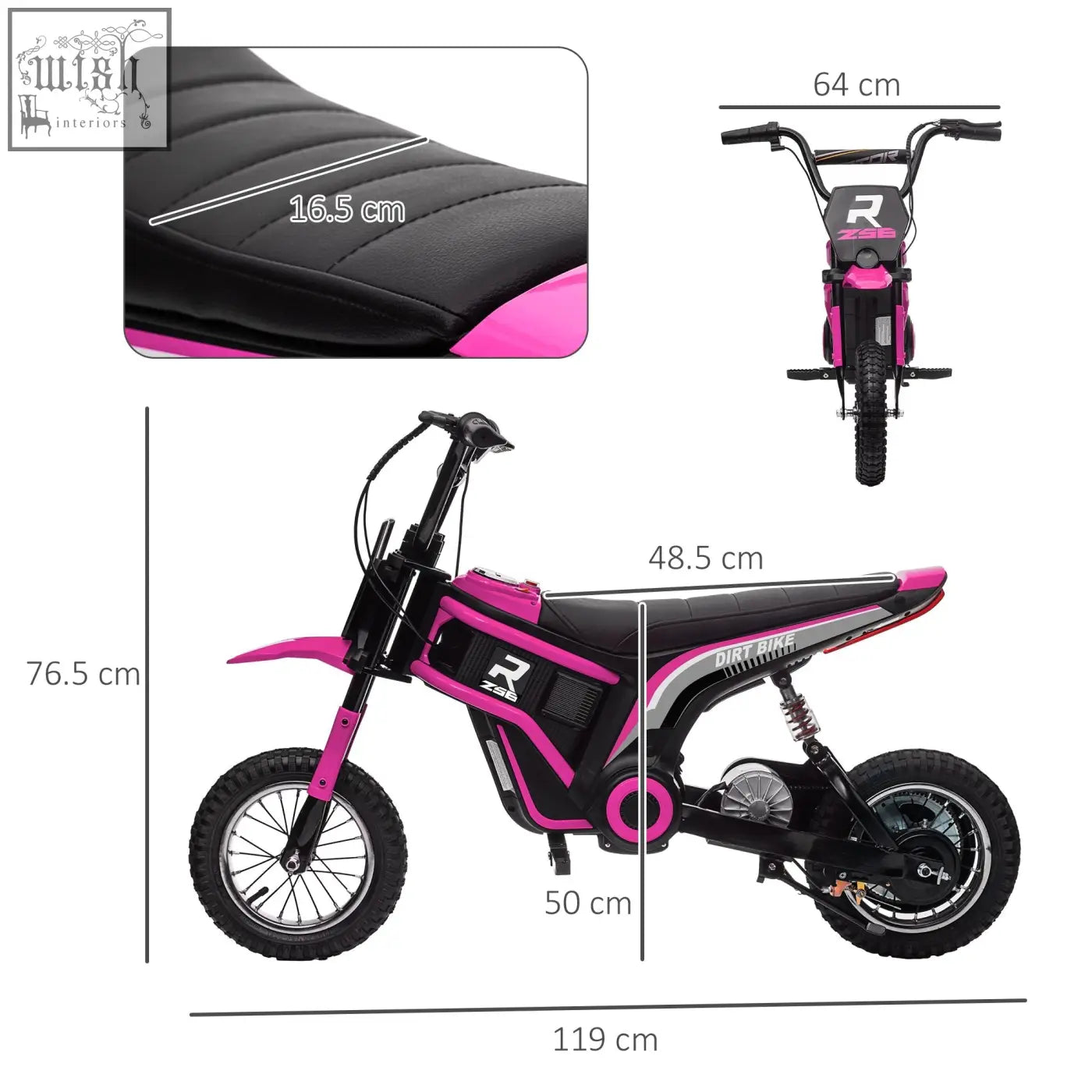 Pink and black homcom 24v electric dirt bike with quilted seat silver accents two adjustable speeds and r z3b branding
