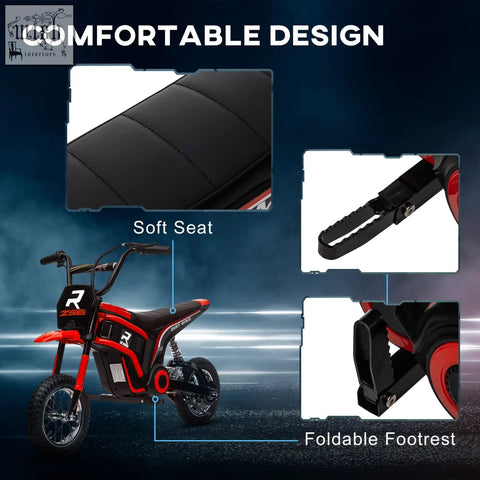 Red and black HOMCOM 24V electric dirt bike with soft seat foldable footrest and two adjustable speeds for kids