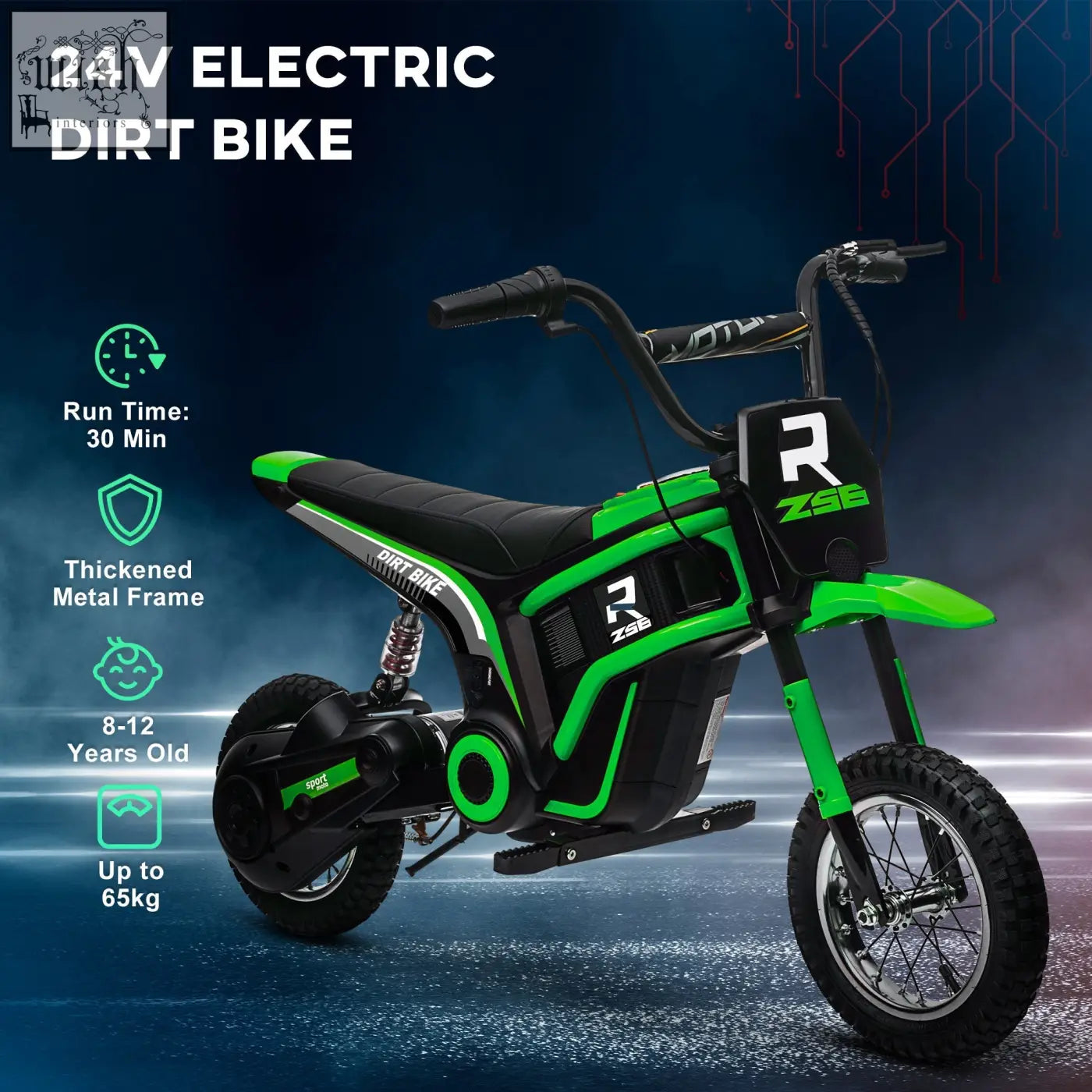 Green and black HOMCOM 24v electric dirt bike for kids 8-12 with thick metal frame and two adjustable speeds