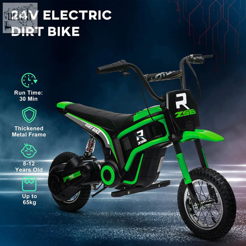 Green and black HOMCOM 24v electric dirt bike for kids 8-12 with thick metal frame and two adjustable speeds