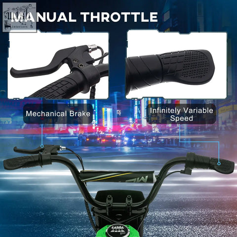 Black handlebars on green homcom 24v electric motorbike with textured grips and two adjustable speeds throttle control