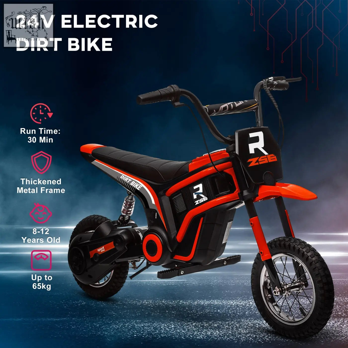 Red and black HOMCOM 24v electric dirt bike with r zse branding and two adjustable speeds for kids fun ride