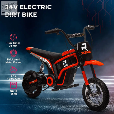 Red and black HOMCOM 24v electric dirt bike with r zse branding and two adjustable speeds for kids fun ride