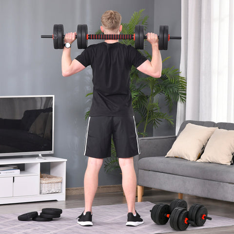 Black and red homcom 25kg 2 in 1 adjustable dumbbells with textured grip and dumbbell bar for home gym use