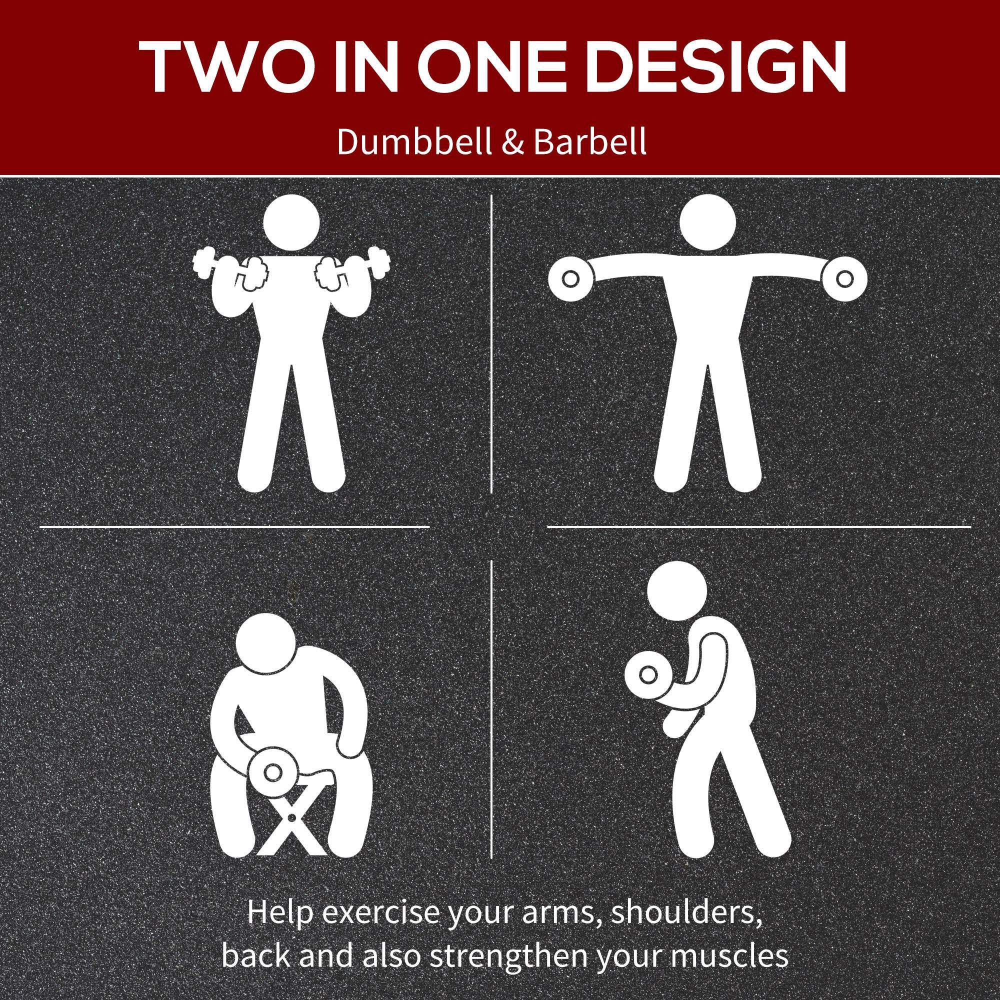White silhouette icons showing dumbbell bar and 5kg dumbbell size on dark background for homcom 25kg adjustable set