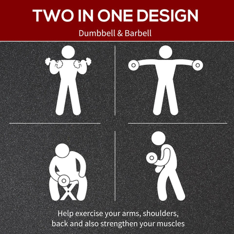 White silhouette icons showing dumbbell bar and 5kg dumbbell size on dark background for homcom 25kg adjustable set