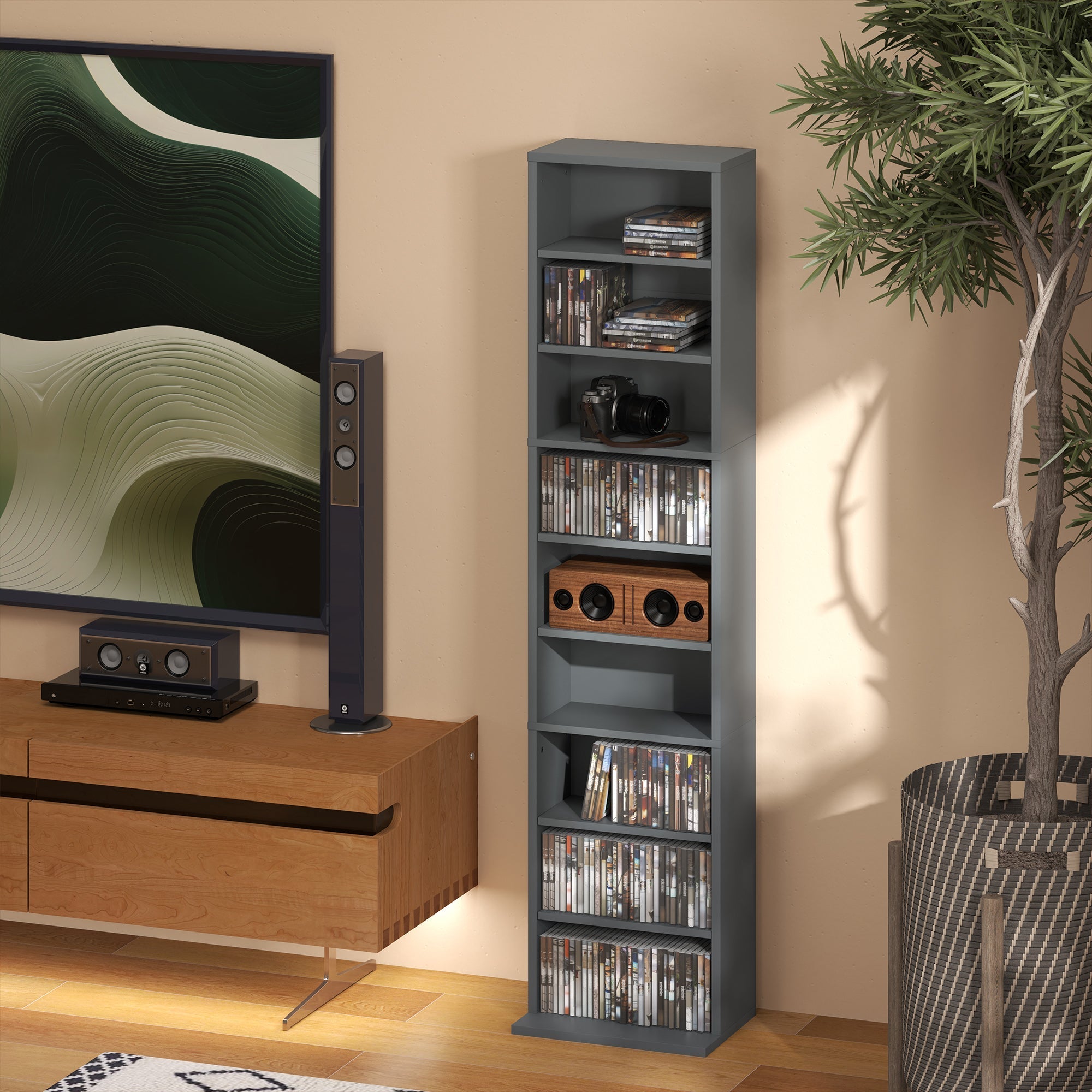 Gray particle board homcom 260 narrow cd storage unit with multiple shelves holding cds dvds and anti-tipping straps