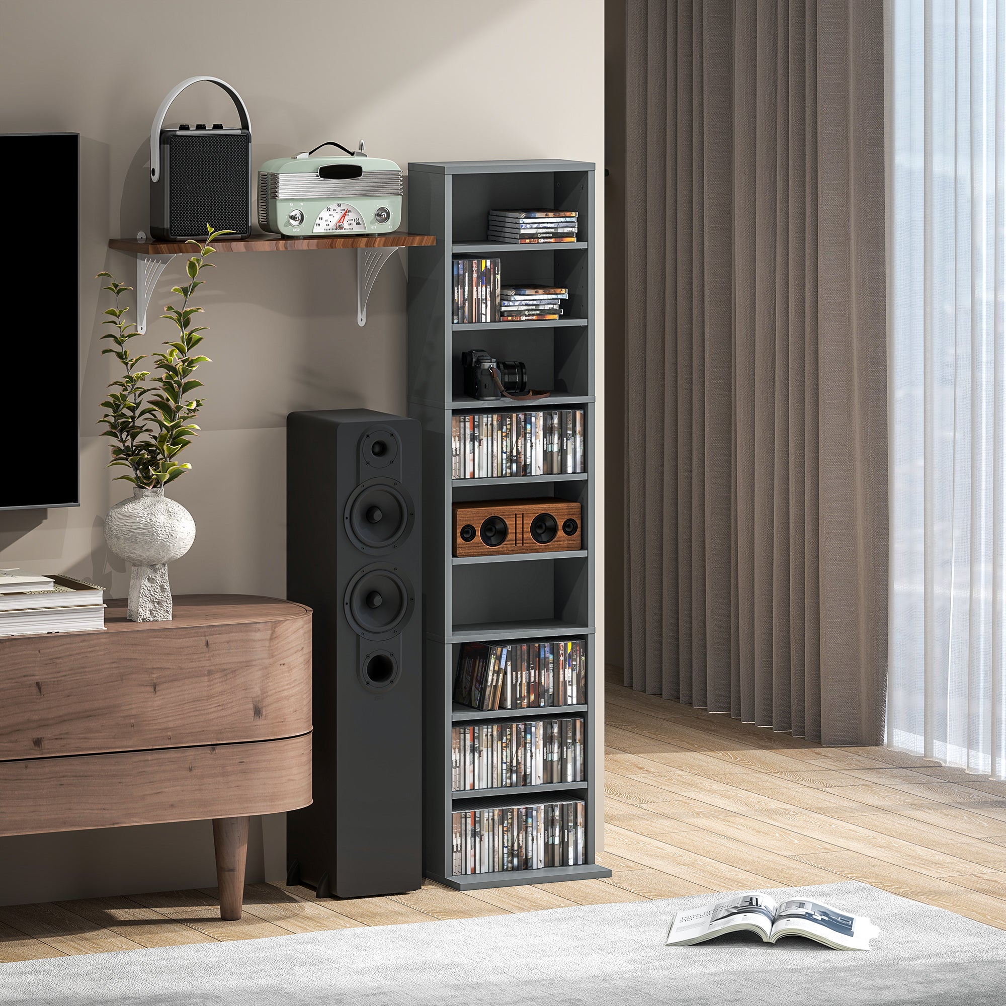 HOMCOM 260 narrow grey particle board storage unit with multiple shelves holding cds dvds and small wooden speaker with anti-tipping straps
