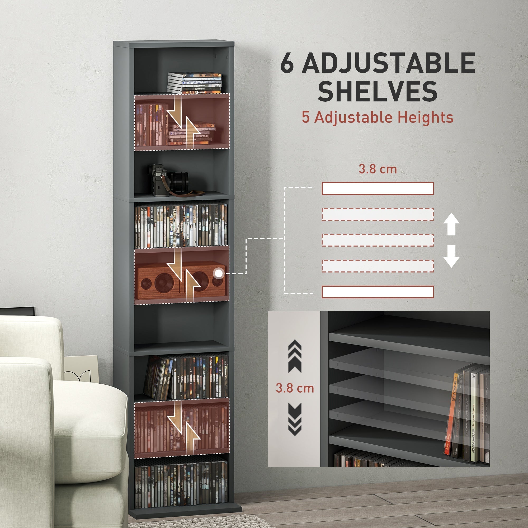 Homcom 260 narrow gray storage unit with six adjustable particle board shelves and durable melamine coating