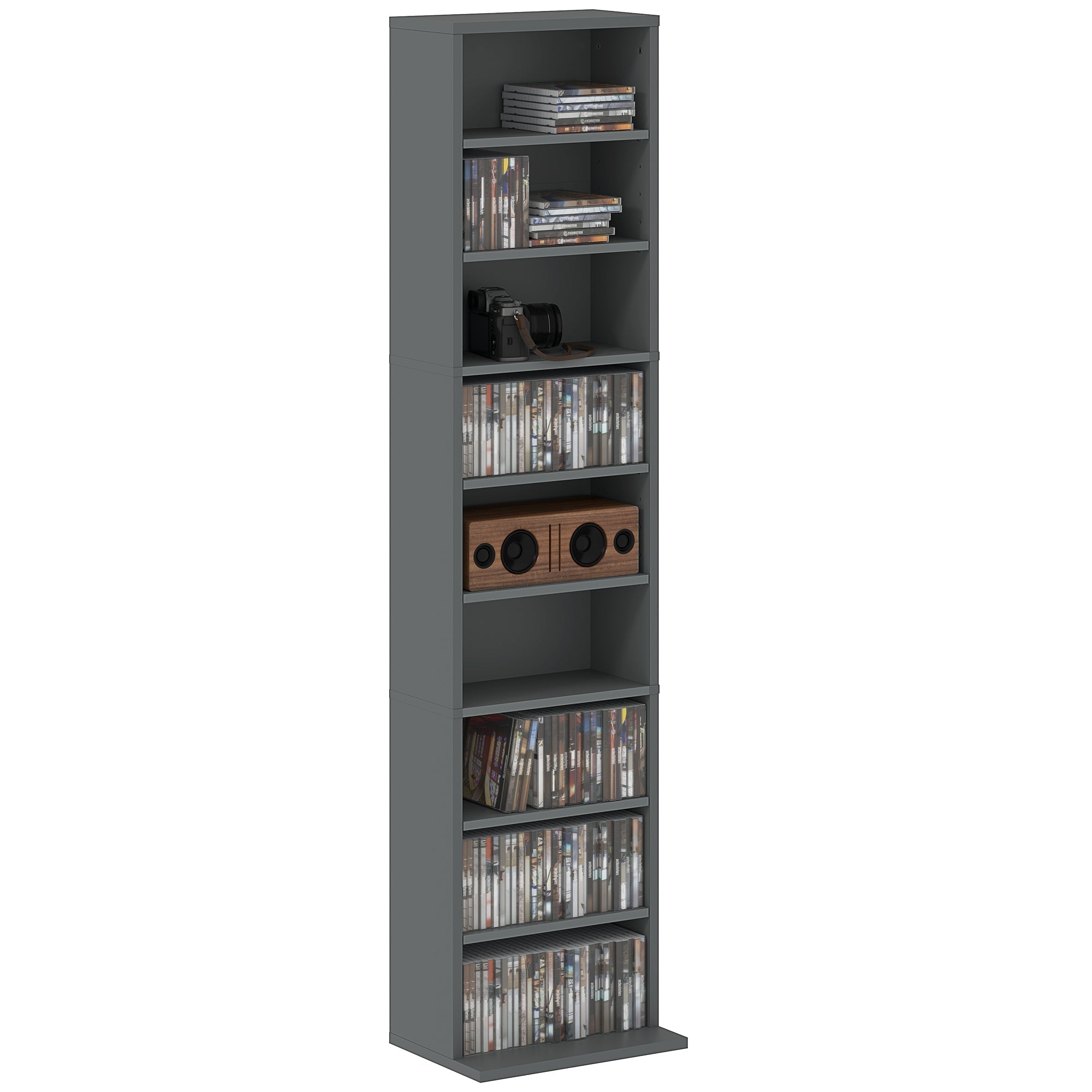 Grey homcom 260 narrow storage unit made of particle board with anti-tipping straps holding cds dvds and a wooden speaker