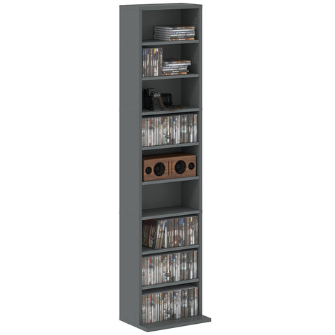 Grey homcom 260 narrow storage unit made of particle board with anti-tipping straps holding cds dvds and a wooden speaker