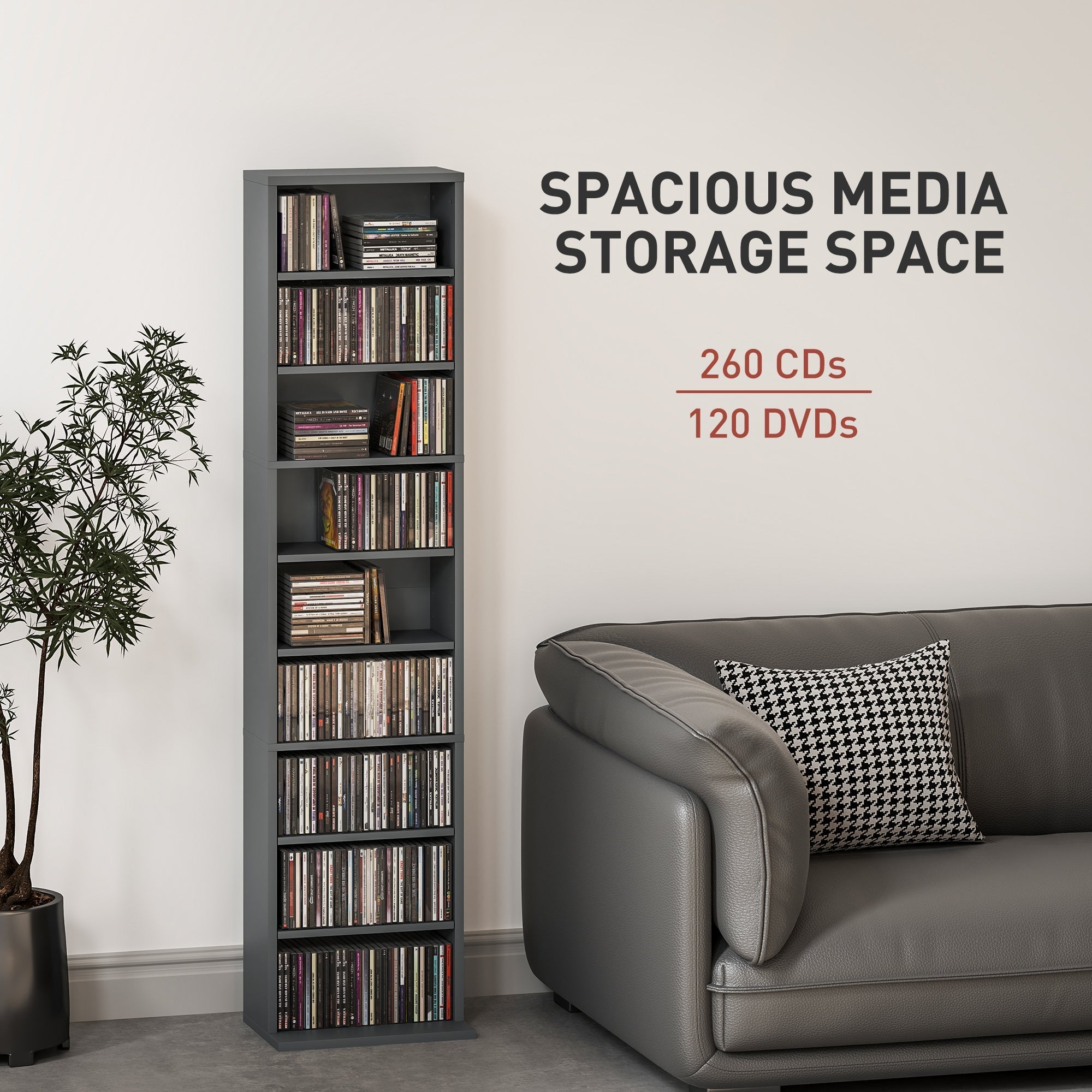 Gray tall particle board storage unit with multiple shelves holding cds and dvds includes anti-tipping straps
