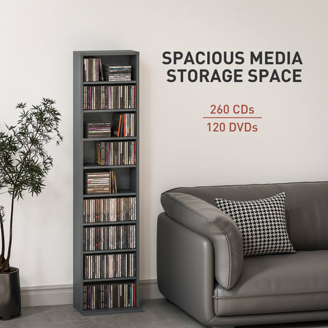 Gray tall particle board storage unit with multiple shelves holding cds and dvds includes anti-tipping straps