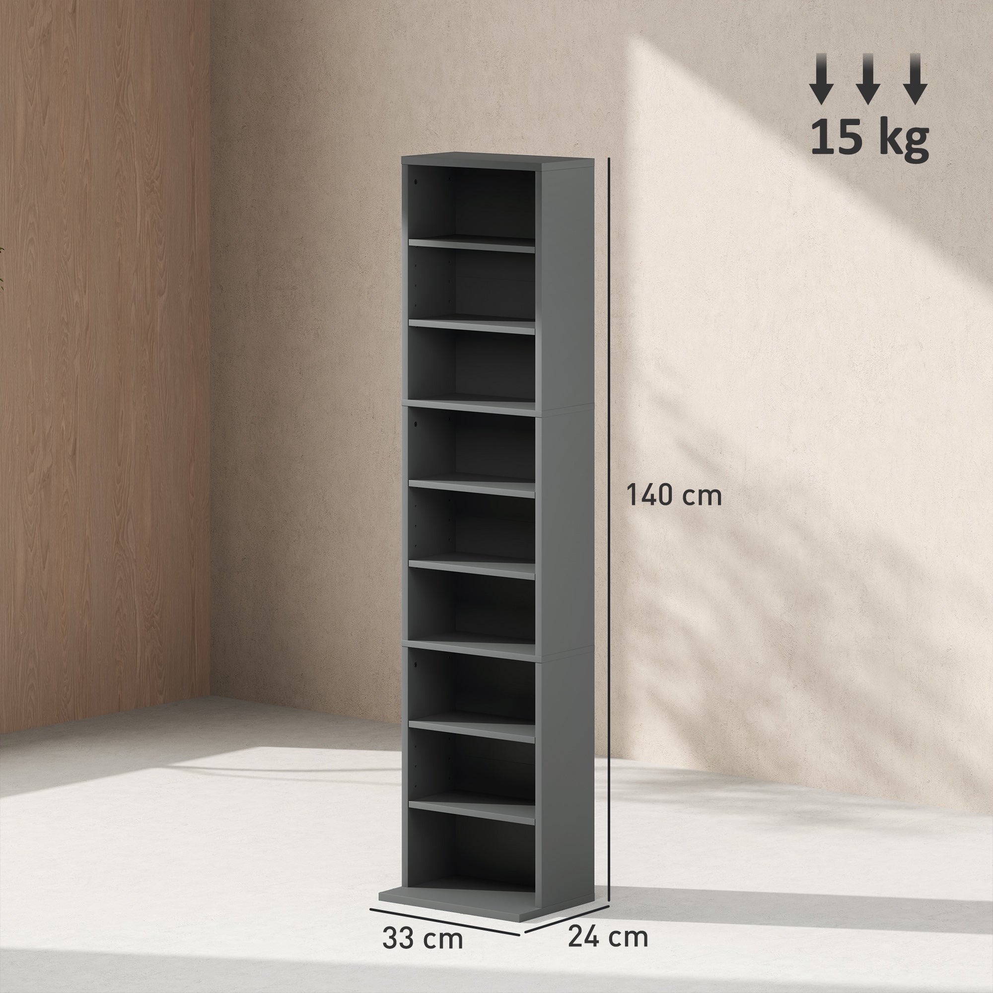 Tall sleek grey homcom 260 narrow storage unit with eight shelves made of particle board with melamine coating