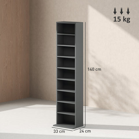 Tall sleek grey homcom 260 narrow storage unit with eight shelves made of particle board with melamine coating