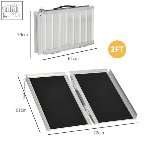 Silver aluminium alloy folding wheelchair ramp 61l x 72w with black non-slip surface and carrying handle