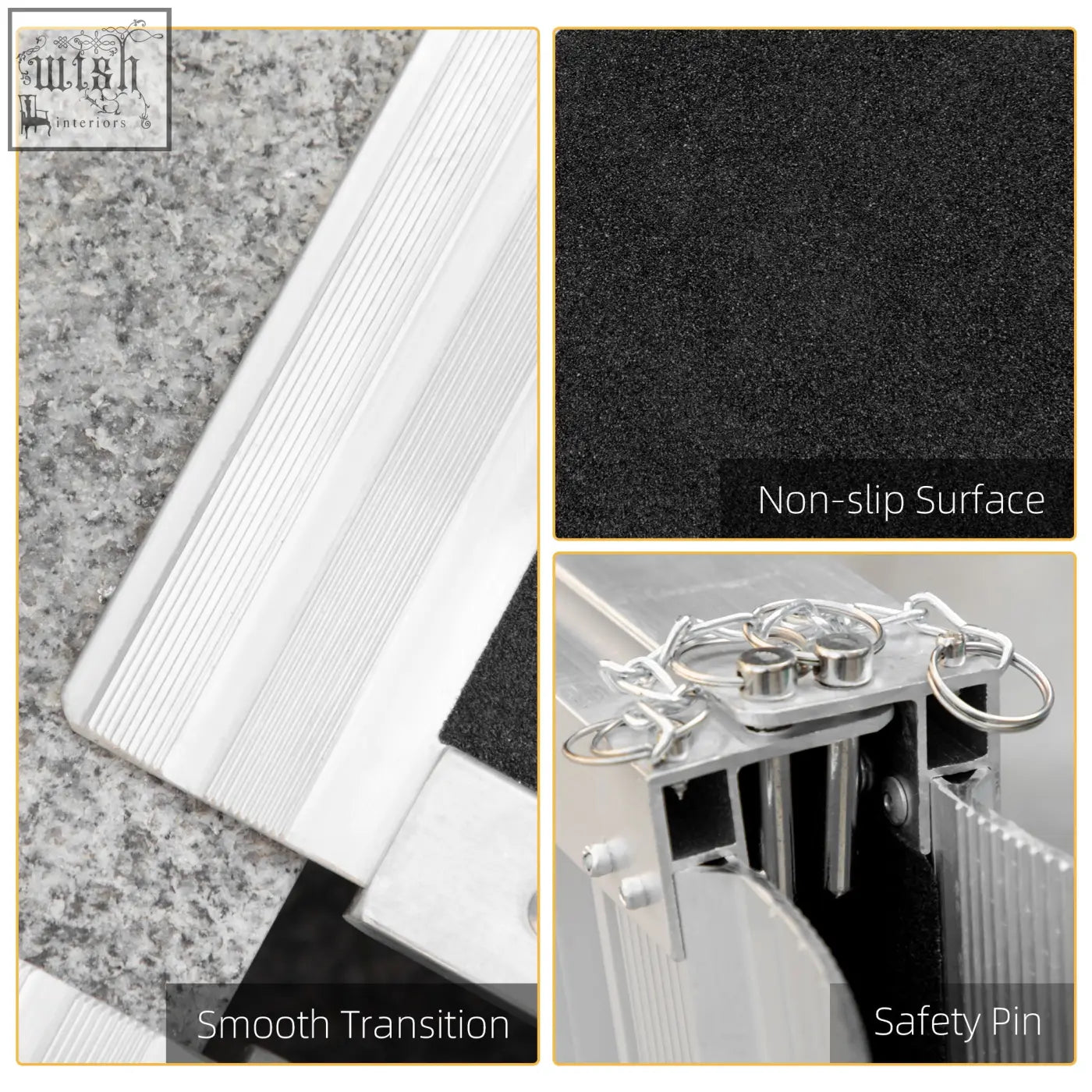 Silver aluminium alloy wheelchair ramp 61l x 72w with textured black non-slip surface and safety pin for mobility aid