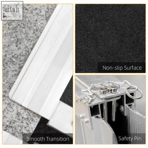 Silver aluminium alloy wheelchair ramp 61l x 72w with textured black non-slip surface and safety pin for mobility aid