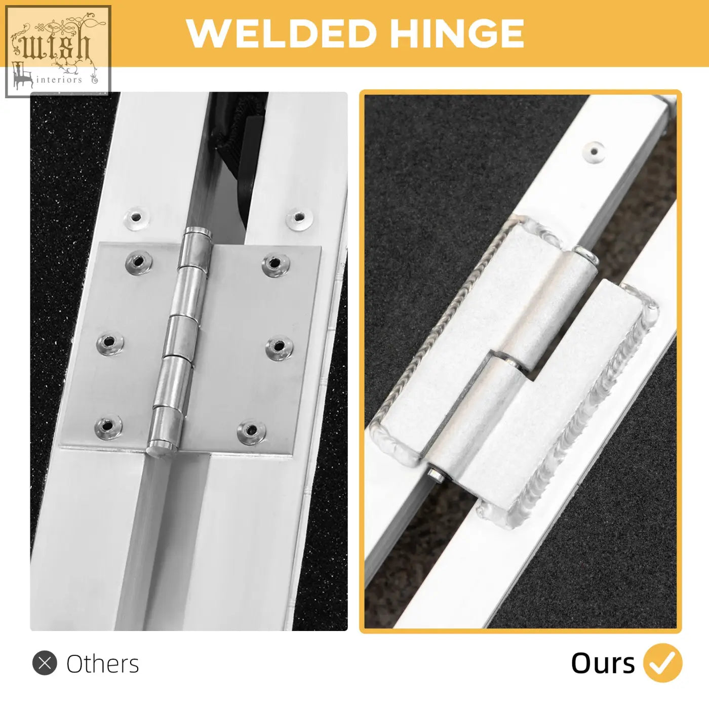 Silver welded hinge with textured ribbed design and screws on aluminium alloy wheelchair ramp 61l x 72w cm