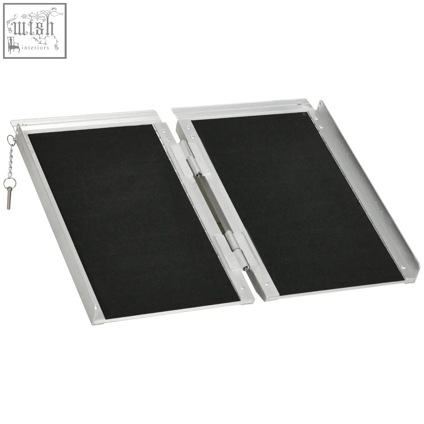 Silver aluminium alloy wheelchair ramp with black non-slip surface and keychain 61l x 72w portable folding design