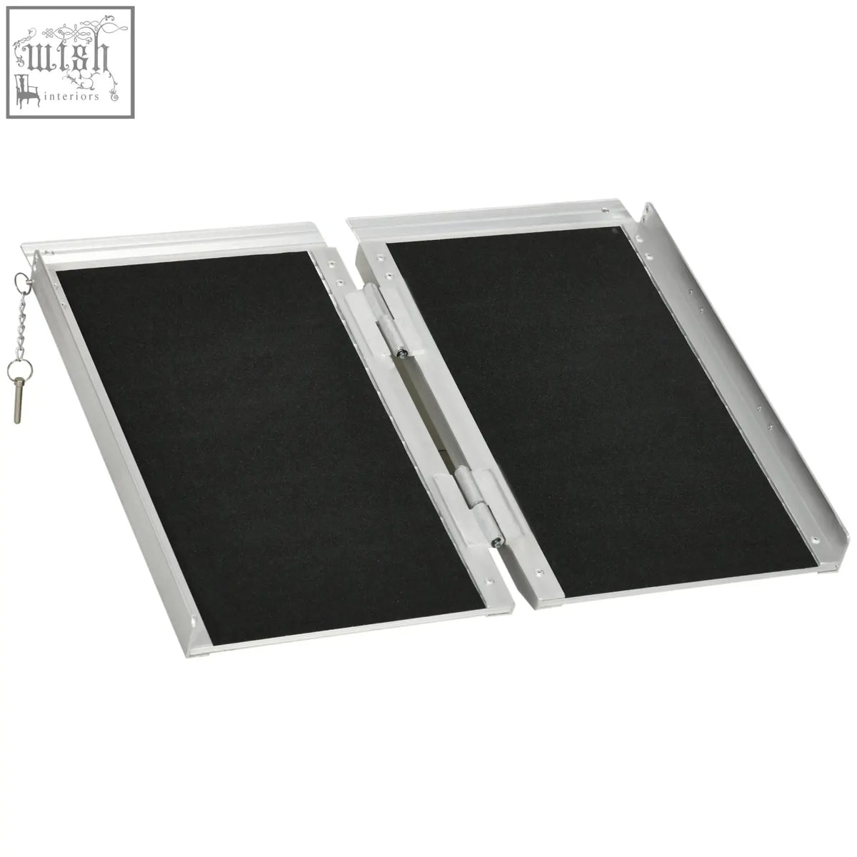 Silver aluminium alloy wheelchair ramp with black non-slip surface and keychain 61l x 72w portable folding design