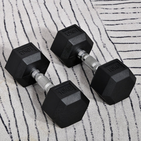 Homcom 2x10kg black hex rubber dumbbells with silver textured handles for weight lifting and home gym use