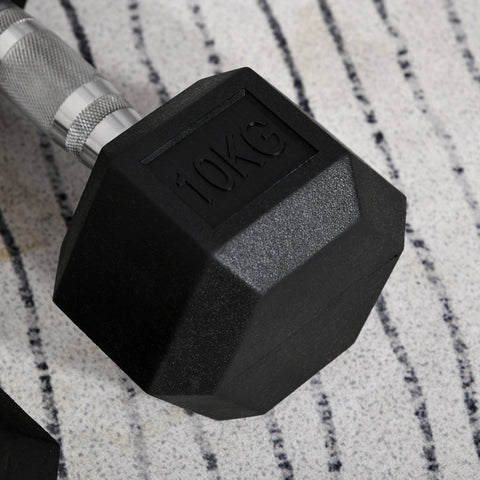 Black homcom 10kg hex rubber dumbbell with silver textured handle perfect for home gym weight lifting